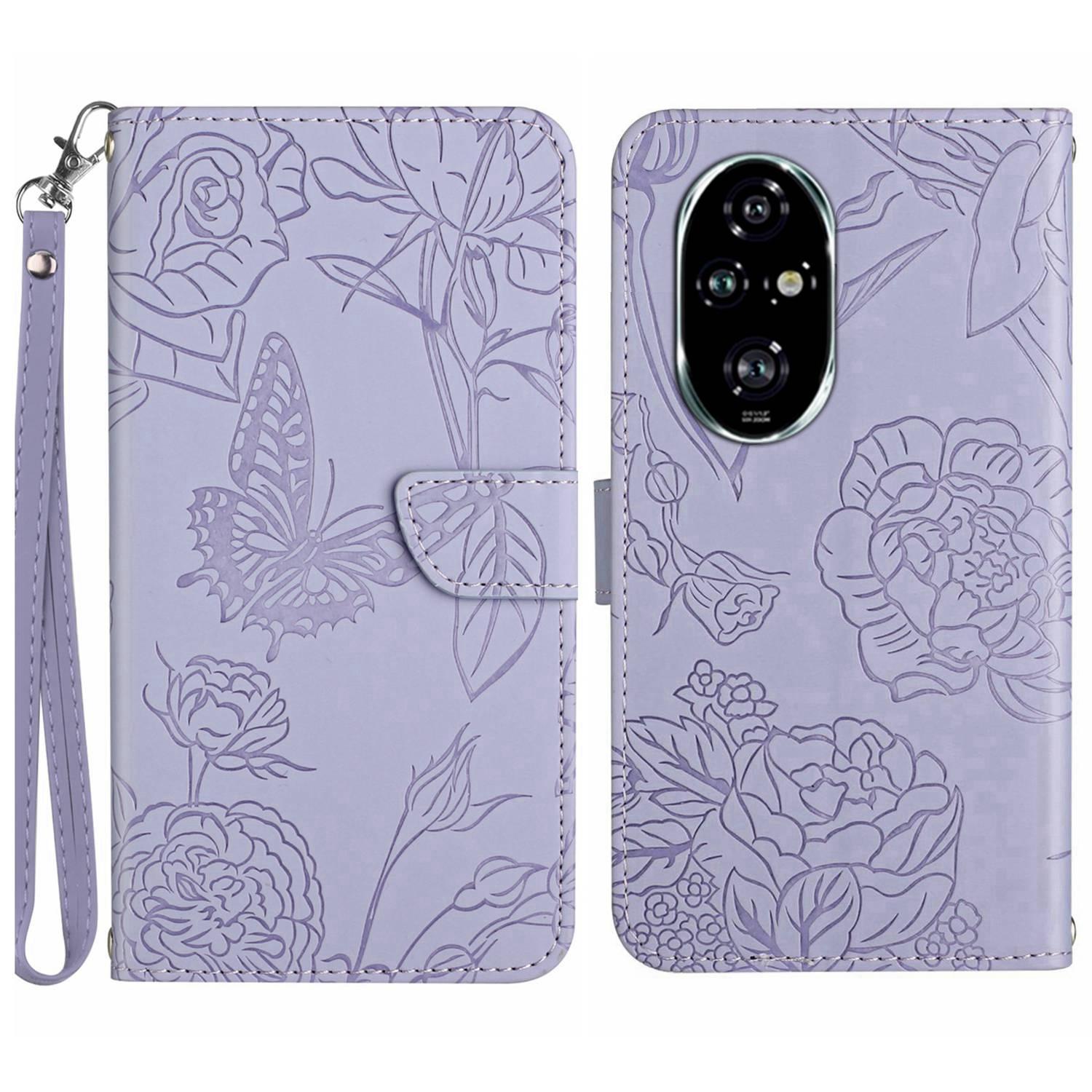

HT03 For Honor 200 5G Case PU Leather Phone Cover with Hand Strap Butterfly Flower Pattern Purple