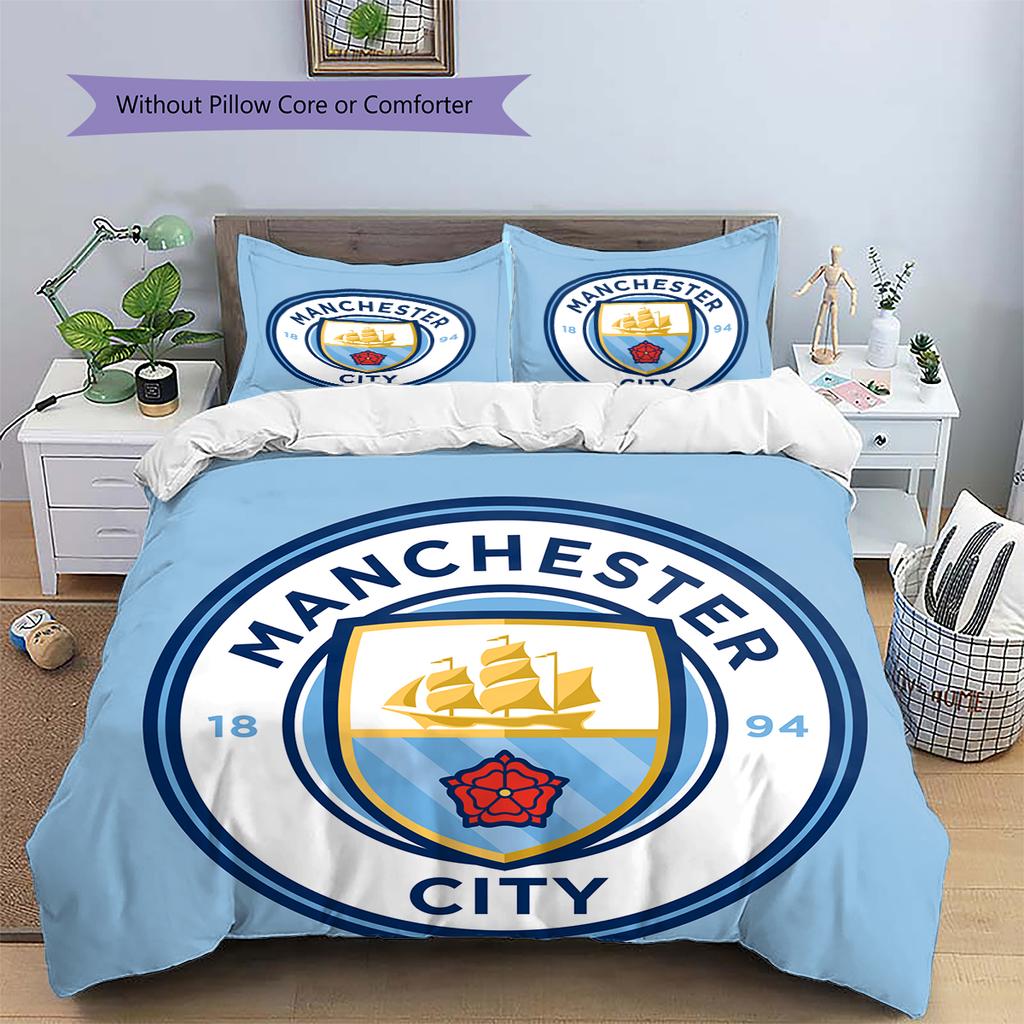 Manchester City FC Pattern Bedding Home Decoration Birthday Gift (1 * duvet cover + 2 * pillowcase, without core)