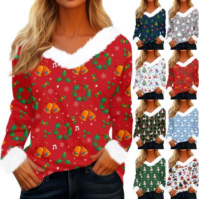 Women's Fashionable Casual V-Neck Christmas Print Long-Sleeved Top