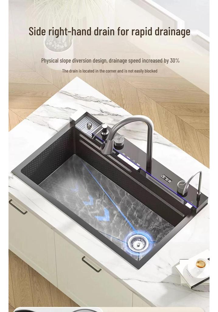 Large Single Bowl Kitchen Sink: 304 Stainless Steel Digital Display with Nano Honeycomb & Waterfall Features