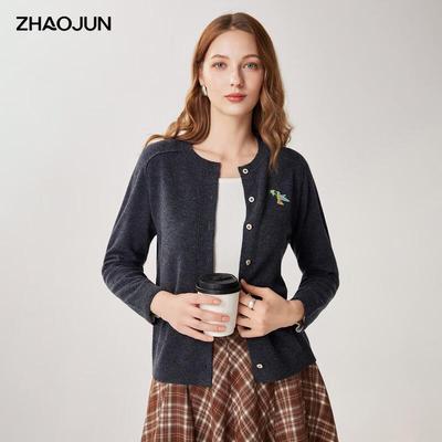 Zhaojun Women's Embroidered 100% Wool Round Neck Cardigan