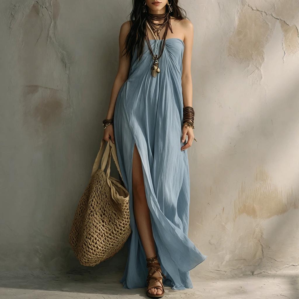 Vestido Maxi Boho Feminino Tomara-que-caia Tubinho Fenda Solto Casual Férias Longo de Praia