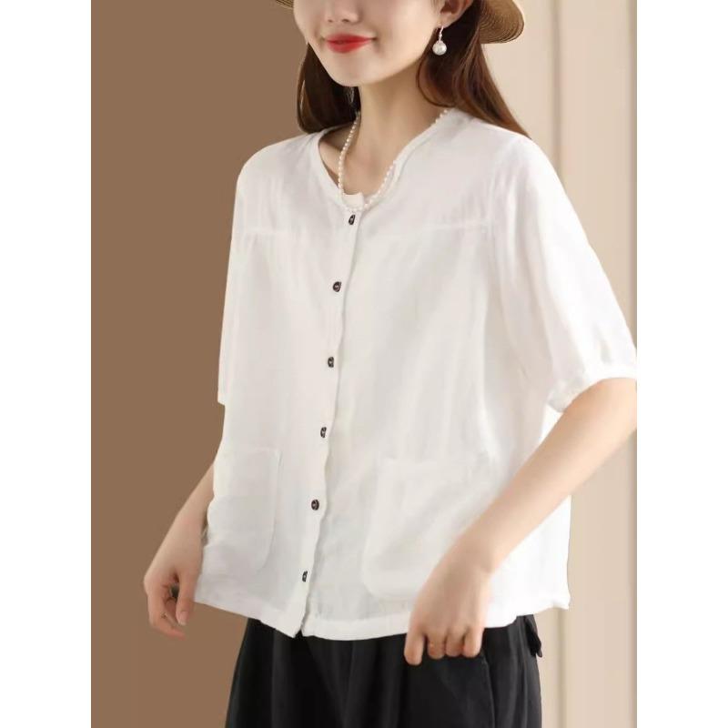 Damen Leinen Knopfleisten Hemden Dreiviertelarm Bluse