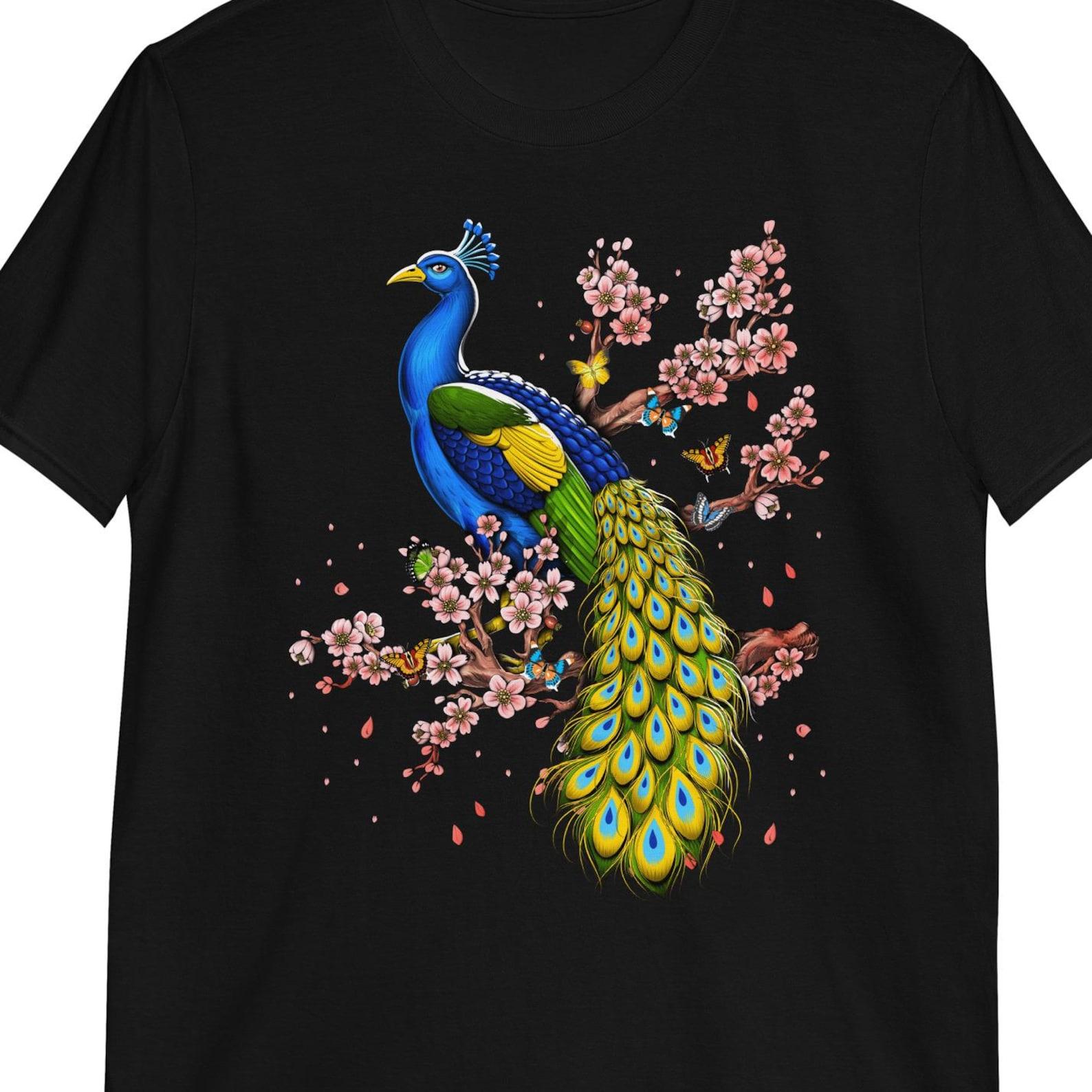 Peacock Cherry Blossom Flowers T-Shirt, Japanese Sakura Tree Tee 110