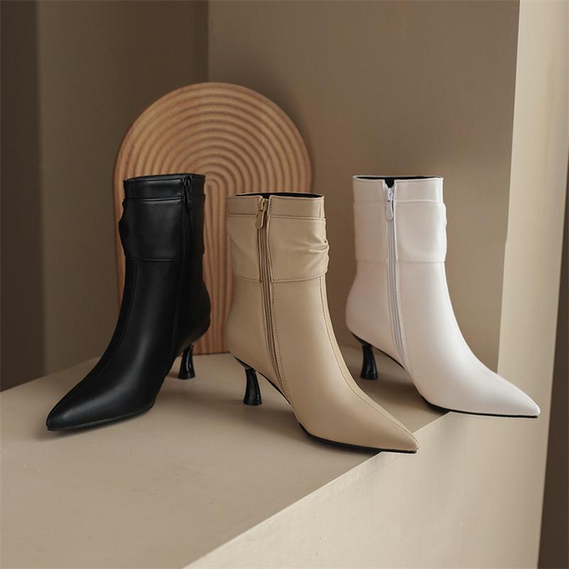 FOREADA Women Ankle Boots Pointed Toe Thin High Heels Pleated Zipper Short Boots Ladies Fashion Shoes Autumn Winter Almond 46