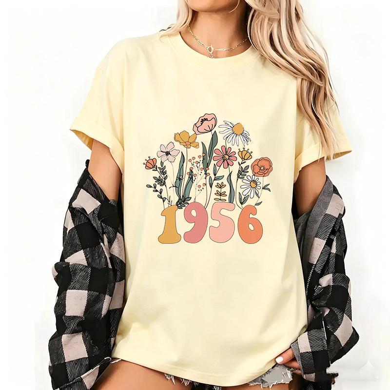 Flower Pattern Pure Cotton Printed Unisexs and Womens Personalized Loose Short Sleeved New Fashionable Round Neck Tshirt