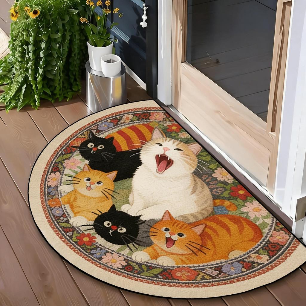1Pcs Creative Cat Flower Semi Circle Welcome Doormat Non-Slip for Outdoor Patio Porch Kitchen Bathroom Entryway Floor Mat