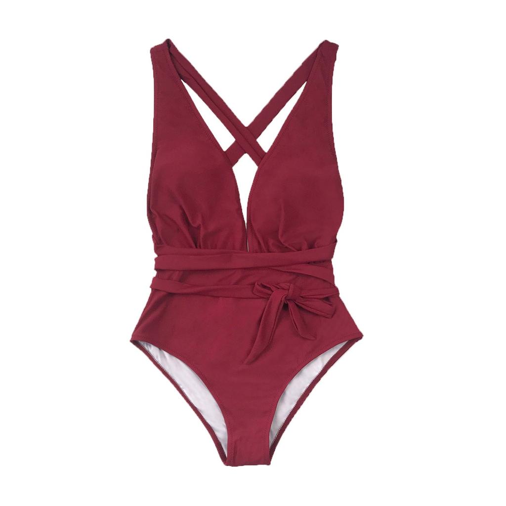 Damenmode Lässiger roter einteiliger Badeanzug mit tiefem V-Ausschnitt und Riemen