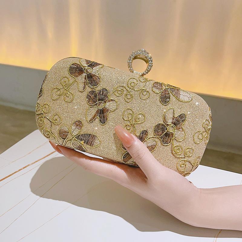 

Vintage Embroidered Kiss Lock Clutch Bag, Bridal Wedding Purse Party Bag, Metal Chain Cocktail Handbag золотой
