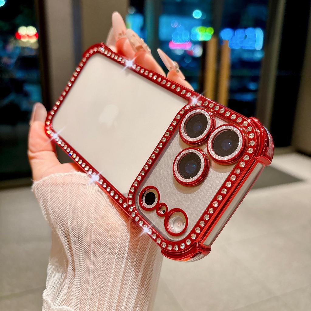 Apple 17 Pro Max Four-Corner Airbag Anti-Drop Instant Case for iPhone 16 with Rhinestone Glitter and Lens Film