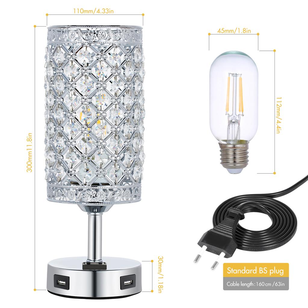 Tomshine Kristall Tisch Nacht Licht Neben Lampe Dual USB Ports 3 Ebenen Dimmbare Helligkeit