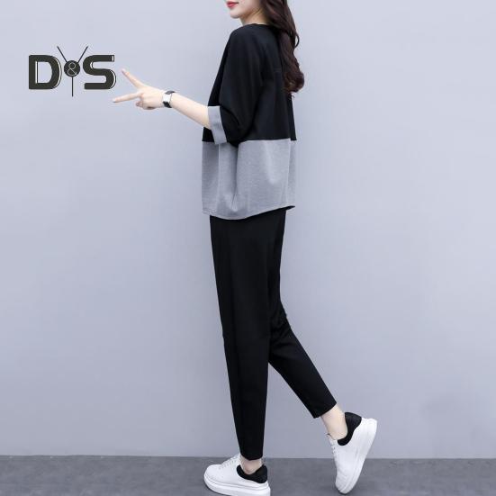 2 ks/sada Dámské tričko Kalhoty Set Sportovní oblečení Colorblock Top s kulatým výstřihem Poloviční rukáv Top Elastický pas Dlouhé Kalhoty Běžné kalhoty Top na dojíždění