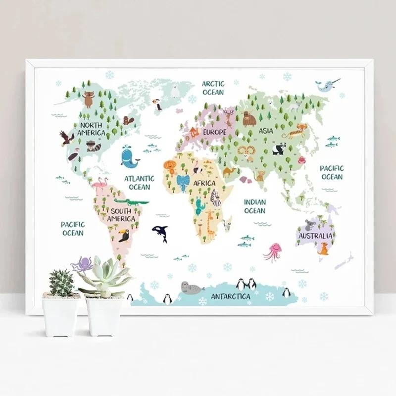 Nursery World Map Poster Stampe Pastello Tema animale Educativo Tela Wall Art Decor Immagini Pittura per la camera dei bambini Decor Art