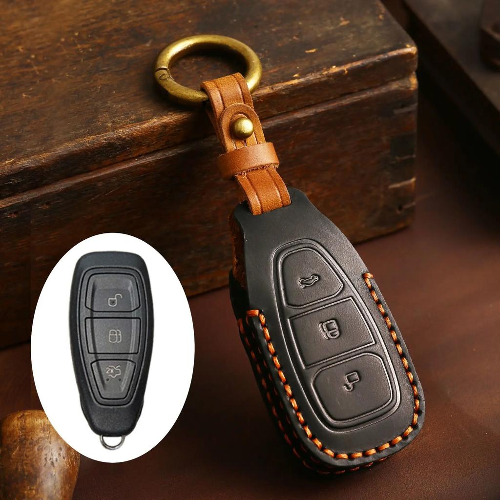 Top Grain Leather Key Case For Ford Kuga Ecosport Focus Fiesta, Full Enclosed Anti-Scratch Key Fob Cover With Metal Ring