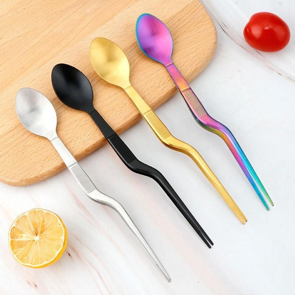 High Quality Multi-functional Sauce Spoon Portable 2in1 Design Food Tweezers Stainless Steel Picnic Utensil Kitchen Utensil