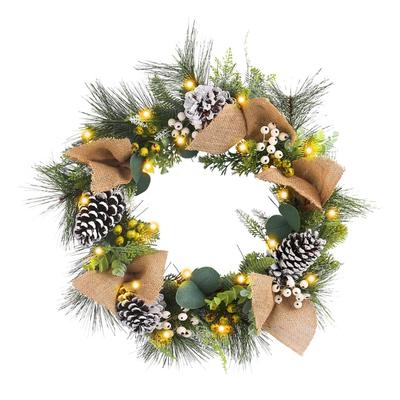 Illuminated Holiday Wreath Decoration Multifunctional LED Christmas Wreath with Burlap Branches and Pine Cones Charm