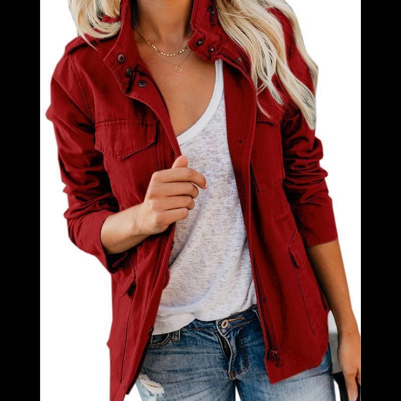 

Весна и осень, приталенная однотонная корейская версия куртки с несколькими карманами на молнии, женская куртка L вино красного
