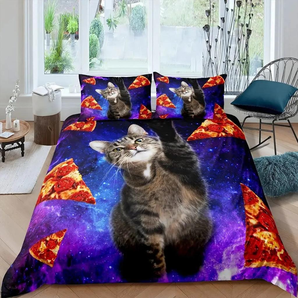 Comforter Galaxy Cat Girls 3D Digital Cat Bedding Set Galaxy Colorful Cat Starry Sky Comforter Lover