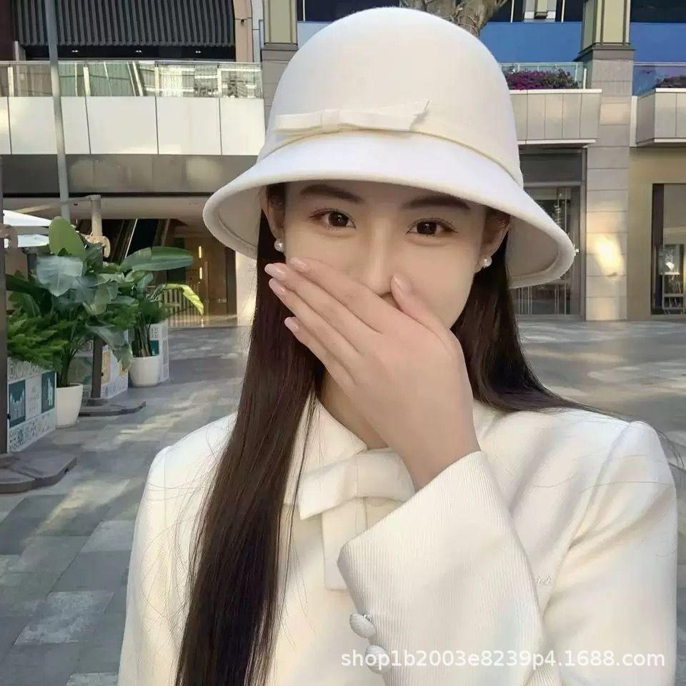 Temperament: woolen bow pot hat for women, winter versatile elegant warm bucket hat, Hepburn-style French daughter topper