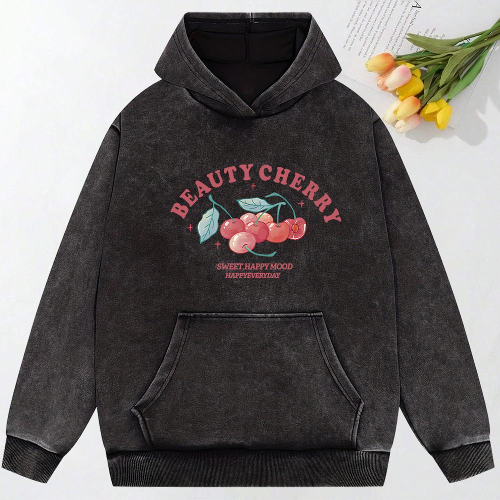 Beauty Cherry Art Letter Print Washed Hoody All-Match Oversized Hoodies Cotton Sportswear Couple Women Clothing