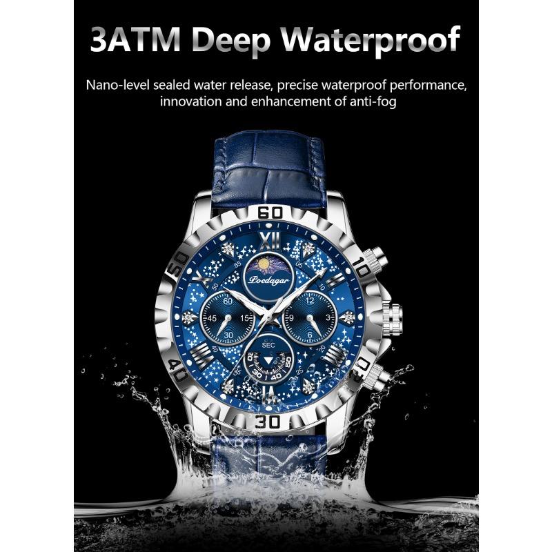POEDAGAR Original Military Man Wristwatch Waterproof Luminous Chronograph Leather Strap Watches for Men Quartz Watch Reloj