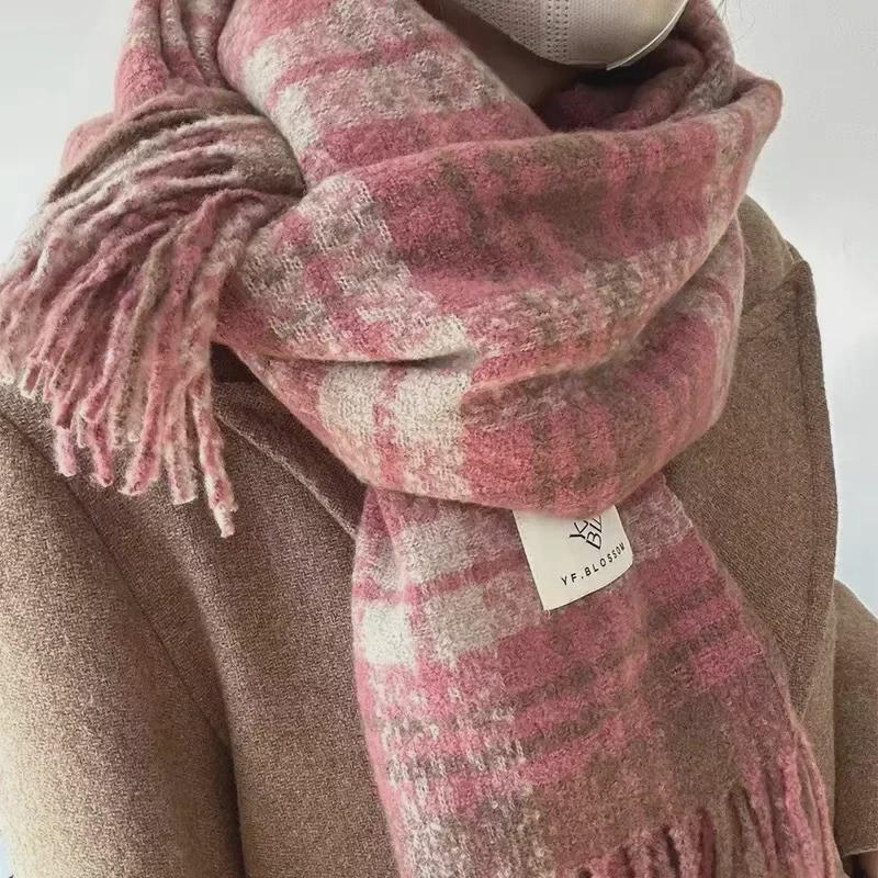 Korean-Style Rose Pink Plaid Scarf: Soft, Warm, Trendy Tassel Shawl for Women