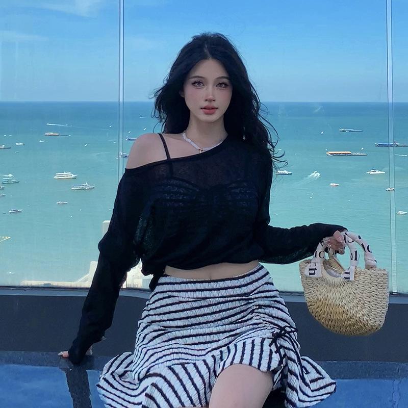 

Plus Size Women s Striped Split Bikini Set - 3 Piece Swimsuit for Vacations and Hot Springs 2X Large чорний