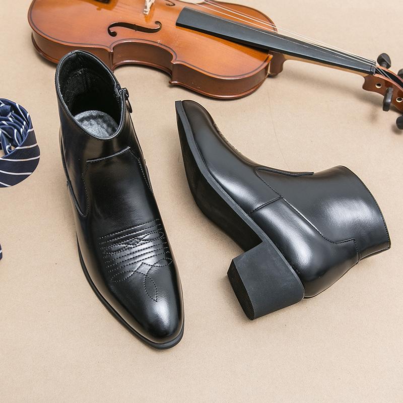 Pánské kožené ležérní boty s bočním zipem velké velikosti, kožené boty na vysokém podpatku, kožené boty vysoké kotníkové výšky, módní špičaté martensky v britském stylu