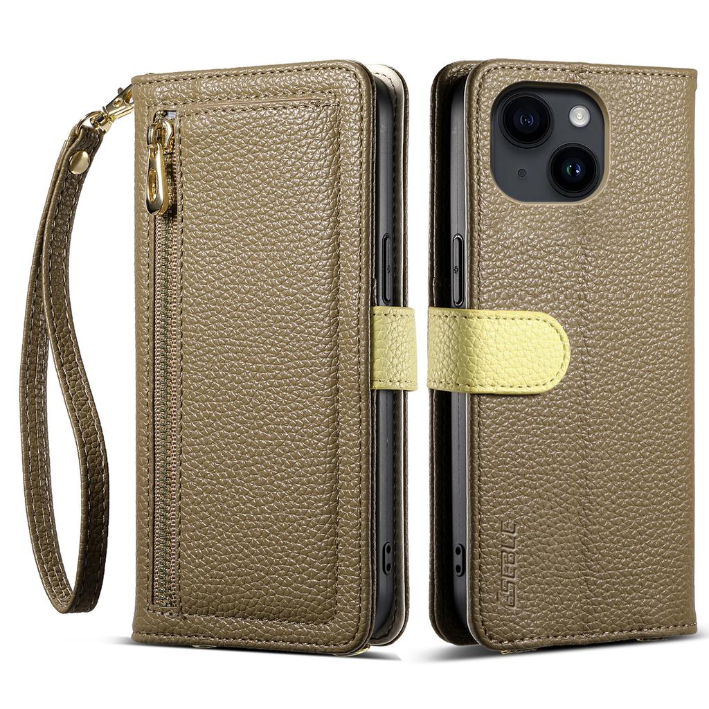 ESEBLE E11 For iPhone 15 Plus/14 Plus Case Zipper Pocket Litchi Texture Leather Phone Cover with Mirror and Wrist Strap
