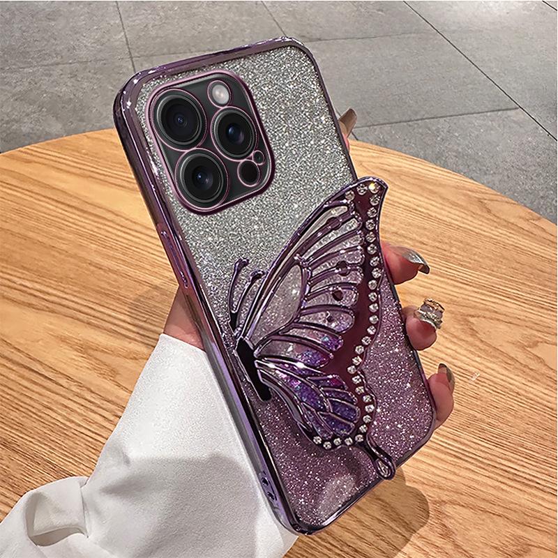 Suitable for IPhone15 Mobile Phone Case Silicone Case Quicksand Butterfly Stand Apple 16Promax Glitter 13/14