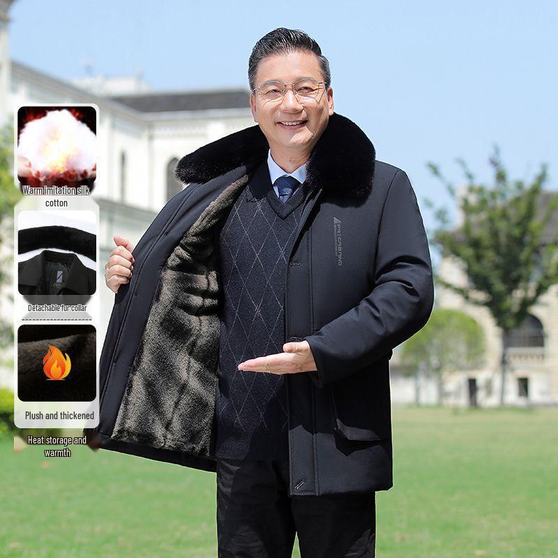 Men's Mid-Length Winter Jacket with Fleece Lining – Warm Down Cotton Coat for Middle-Aged and Elderly Dads