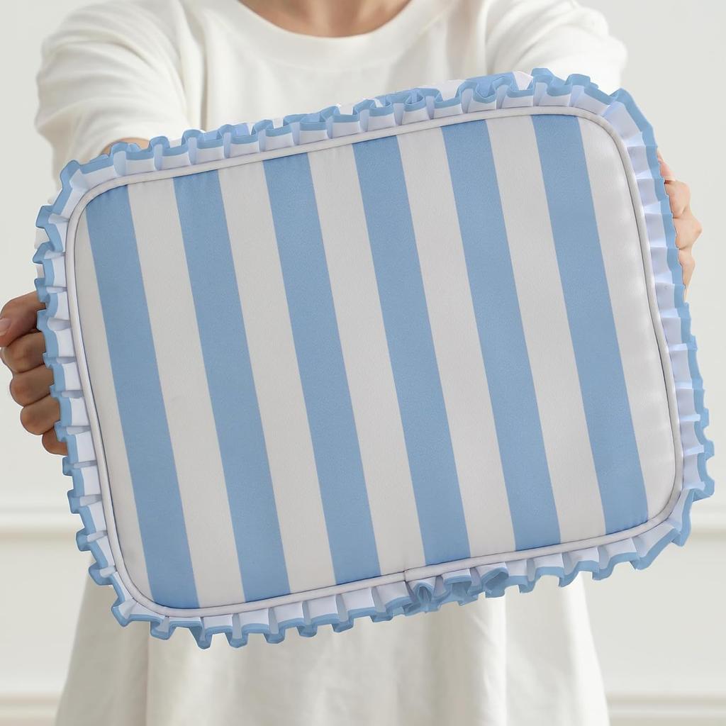 Stripe Ruffle Makeup Bag,Large Travel Cute Cosmetic Bag for Women Girls,Toiletry Bag Make Up Organizer 10.8 X 4.5 X 8 Inch (Blue Stripe)