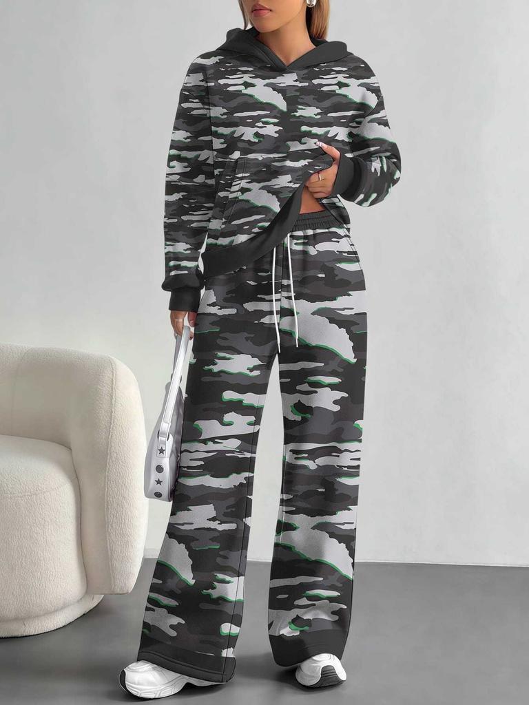 Color Graffiti European and American Autumn and Winter Casual Long-sleeved Suit Women's Hooded Sweater Trousers Two-piece Set