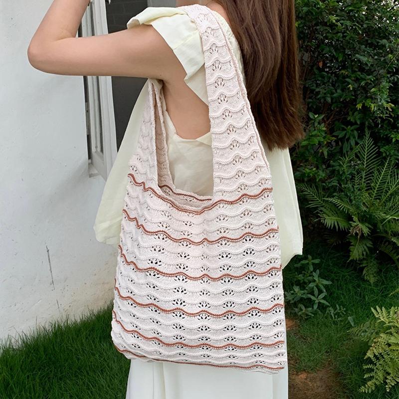 Knitted Large Capacity Stripe Pattern Crochet Tote Bag Beach Vacation Women's Hollow Shopping Shoulder Bags CLE