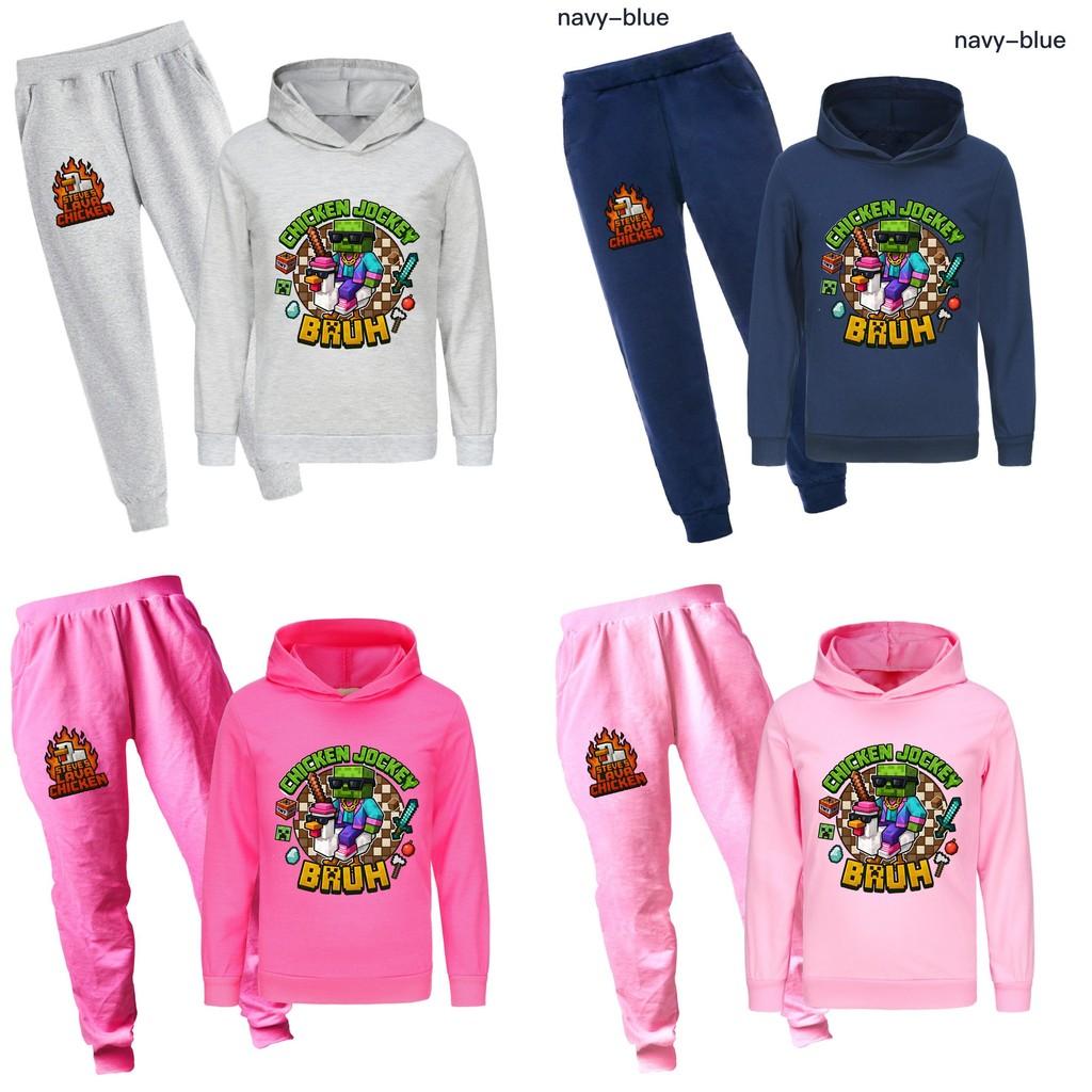 Minecraft Hühner-Jockey Kinder Cartoon Hoodie und Hose Set Aus Baumwolle Für Lässige Winterkleidung