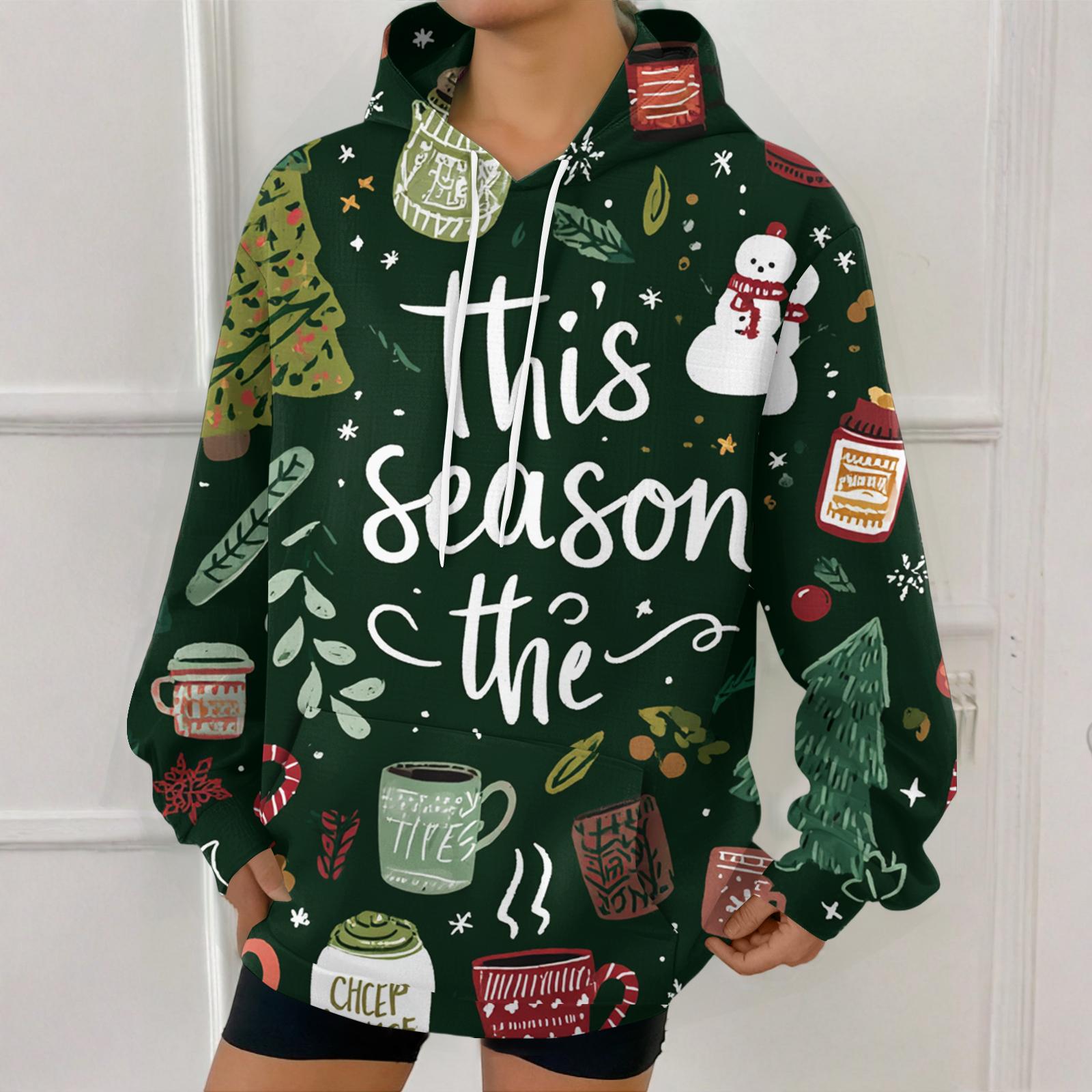 

Женская модная толстовка с рождественским принтом, повседневная толстовка с капюшоном и карманами L темно-зеленого