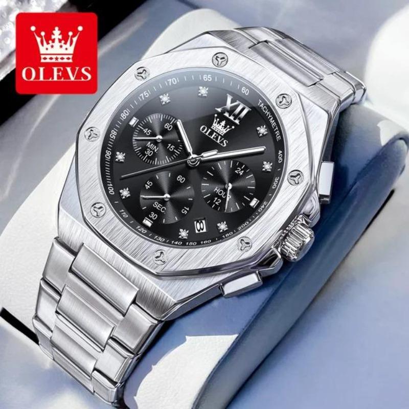 OLEVS Quartz Men Watch Multifunctional Luxury Wristwatch Diamonds Gold Stainless Steel Waterproof Clock