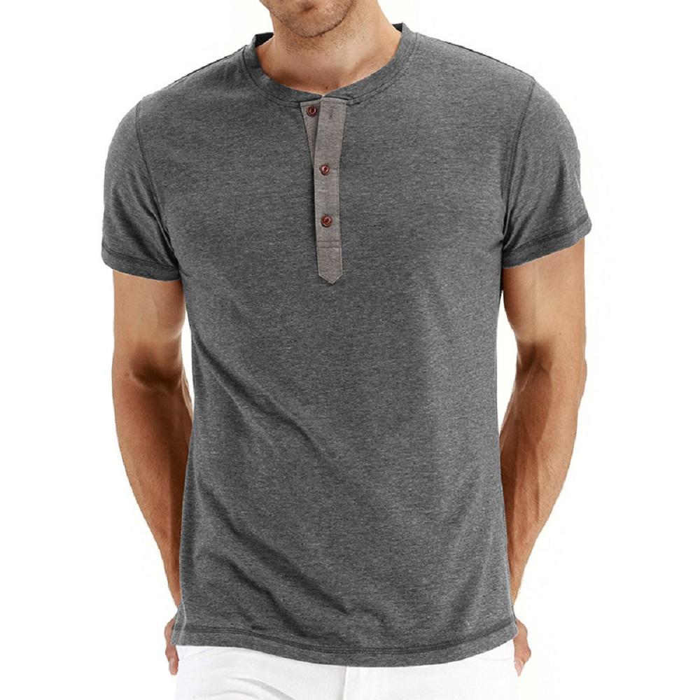 Summer Cotton Men T-shirt Henley Neck Fashion Design Slim Fit Solid T-shirts Male Tops Tees Short Sleeve T Shirt For Men