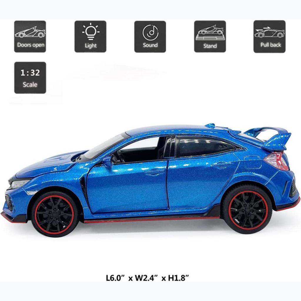 1:32 Scale 2017 Honda Civic Type-R Diecast Model Car Toy with Doors Open Light and Sound for Kids Boys Girls Adults Men Collection