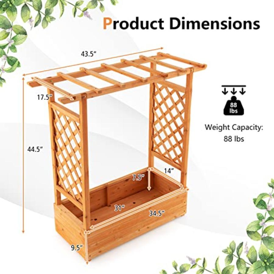 Raised Garden Bed with Arch Trellis Wood Planter Box with Hanging Roof Side Trellis 4 Drainage Holes Above Ground Elevated Gard