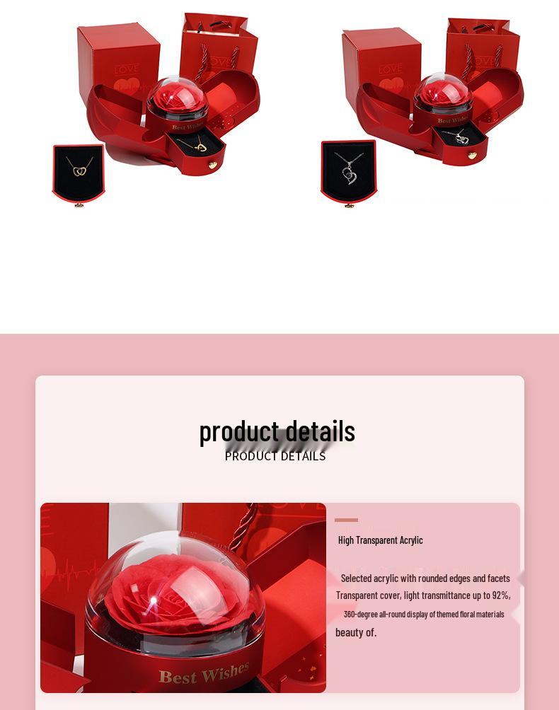 Valentine's Day Rotating Jewelry Gift Box with Necklace & Rose Flower