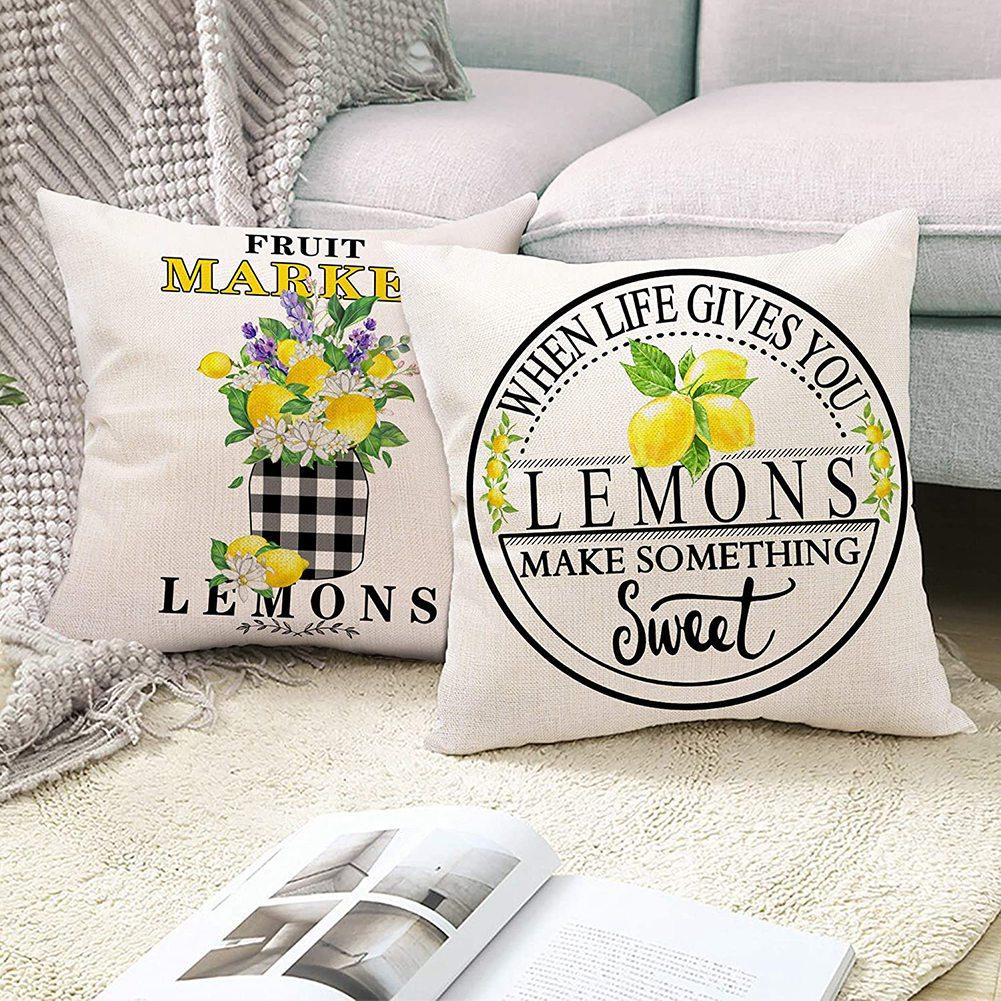 T02C!Lemon Farmhouse Summer Pillow Covers 18X18 Set Of 4,Farmhouse Pillows For Sofa, Outdoor Porch Lemon Home Decor
