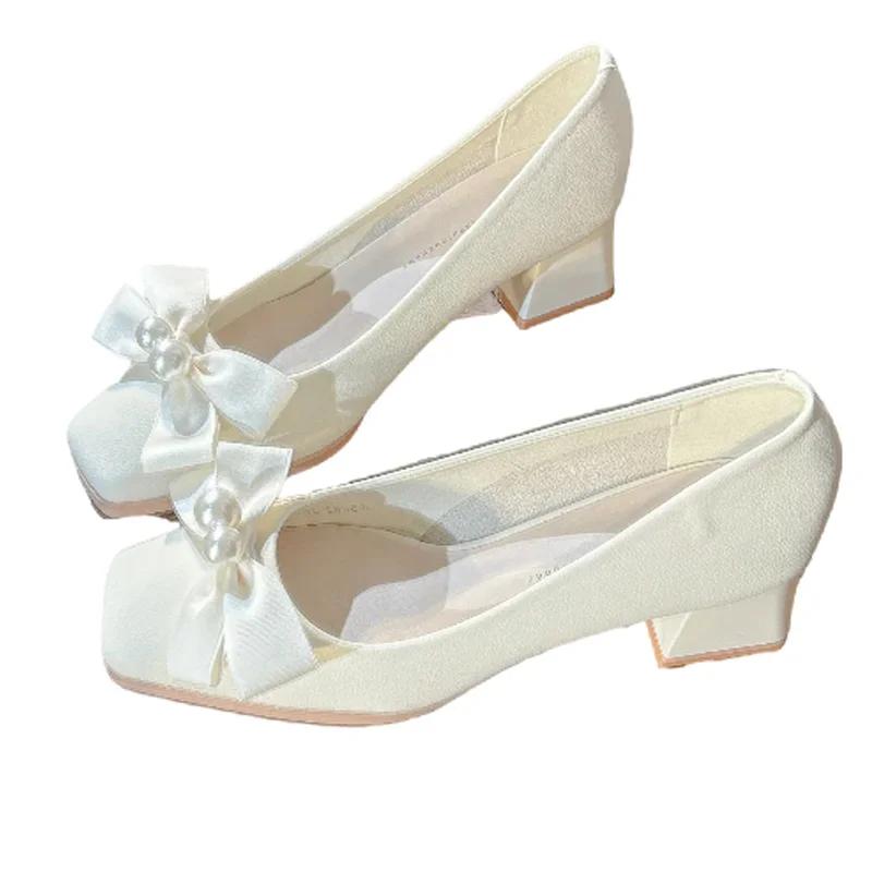 Pearl Bow Women High Heels Shoes Square Toe Heeled Sandals Summer 2025 New Elegant Chunky Shoes Woman Pumps Brand Mujer Zapatos