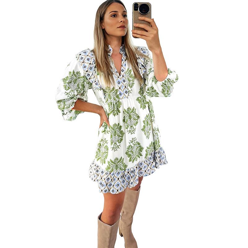 

Summer 2026 V-neck Pullover Dress: European & American Fashion, Versatile Multi-color Print, High-Waist Short Skirt for Women Large