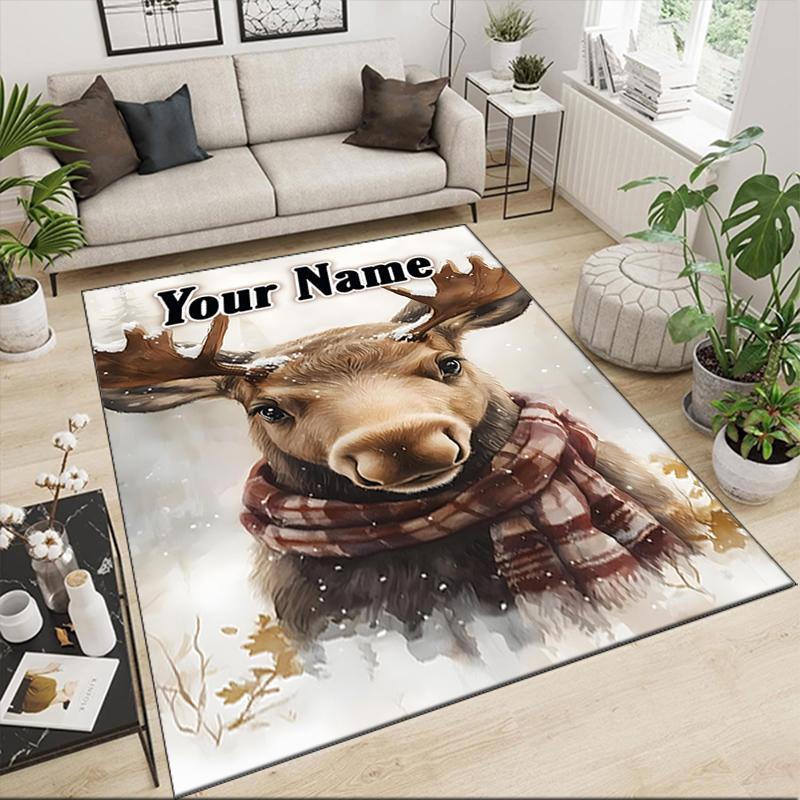 1PC Custom Name Winter Moose Portrait Theme Floor Mat Ideal for Living Room, Game Rooms, Office, Bedroom,Floor Mat Playful Design