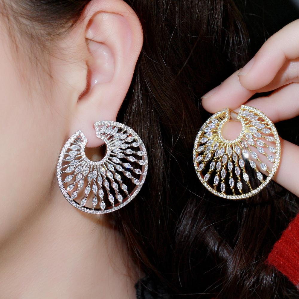 Disc Shape Micro-Inlaid Zircon Earrings Pin Copper Gold-Plated Personalized Round Large Earrings