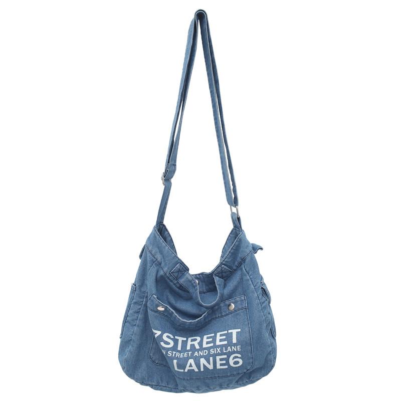 

Джинсовая сумка через плечо большой емкости, женская большая сумка с буквами, студенческая сумка на плечо светло-синий
