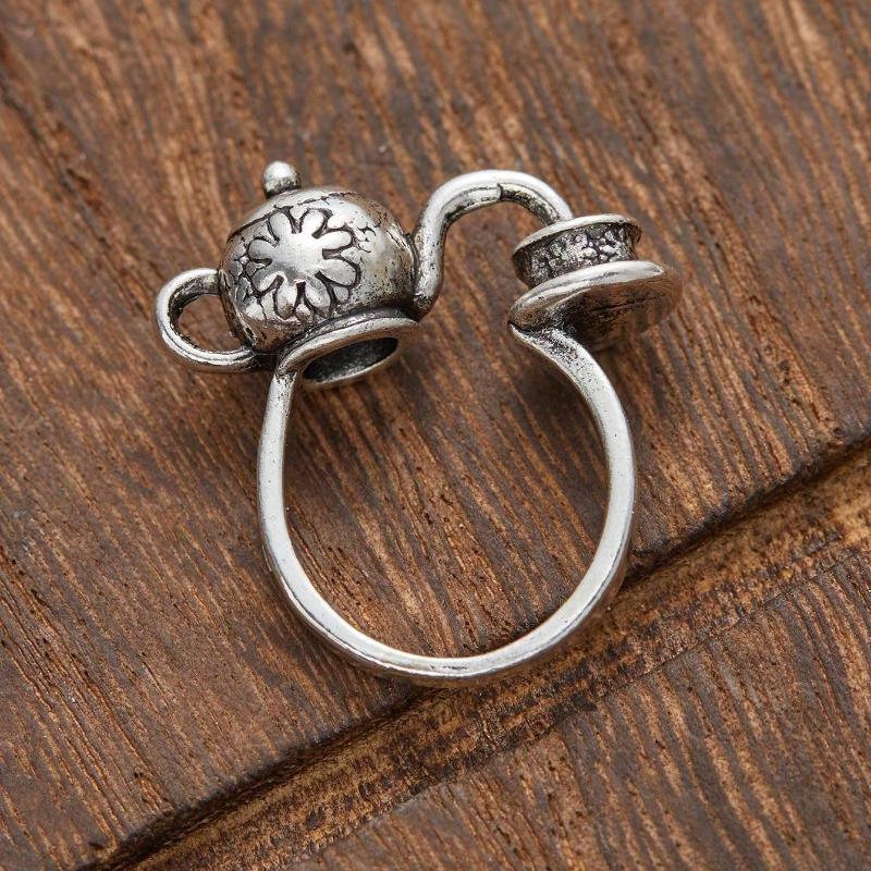 1PC Vintage Temperament Floral Pattern Pouring Teapot Geometric Adjustable Opening Ring For Men Fashion Jewelry Accessories