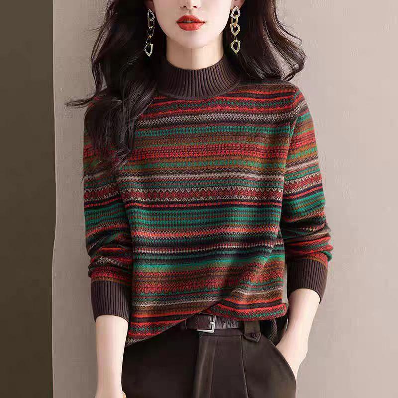 

Женский свитер на осень и зиму, повседневный, с длинным рукавом, с полувысоким воротником, в полоску, вязаный, в сочетании со свободным пуловером XL коричневый