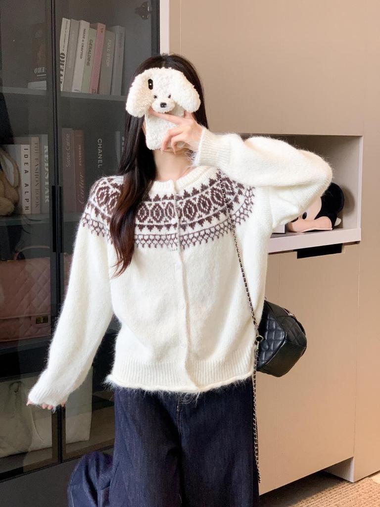 2025 Retro Nordic Fair Isle Loose Knit Cardigan Sweater for Women